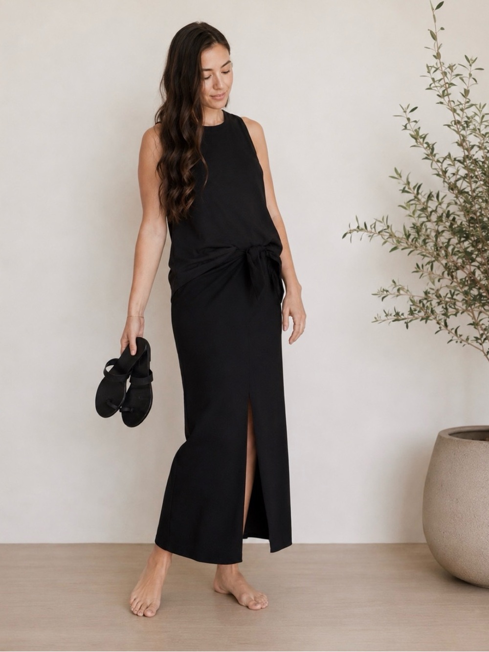 Jenni Kayne Black Tie Waist Maxi Skirt Front Slit Minimalist Capsule Wardrobe xs